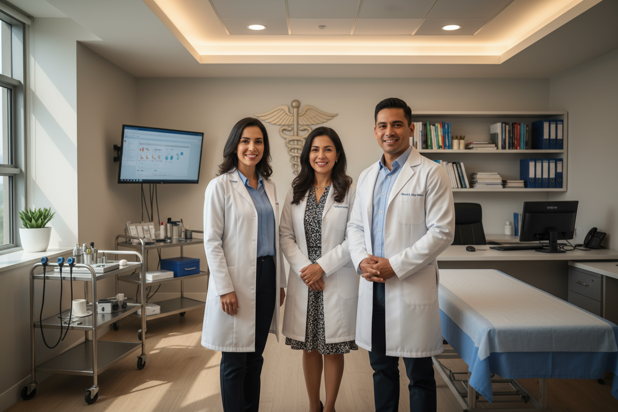 2 mujeres medicos y 1 hombre medico parados en un consultorio que tengas rasgos latinos 